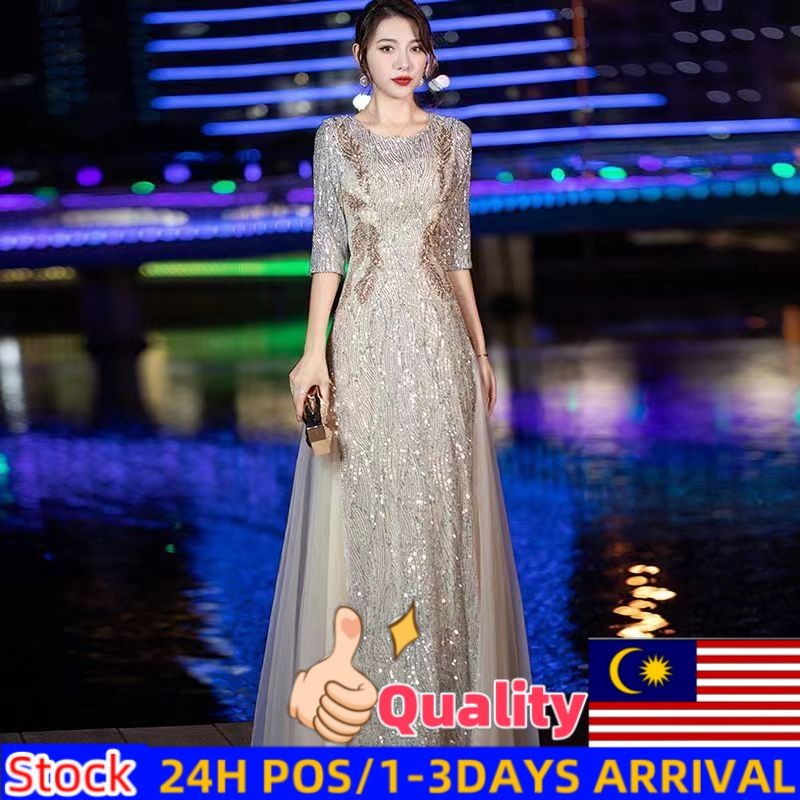 DINNER DRESS New silver sequins long annual meeting banquet evening ...