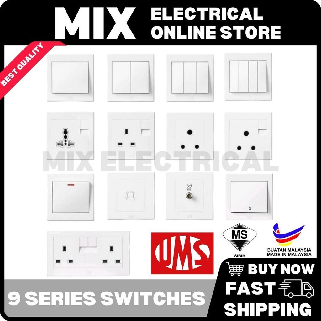 UMS 9 Series Switches 13A 1 2 3 4 Gang 1 Way 2 Way 15A 20A 9113 9115 ...