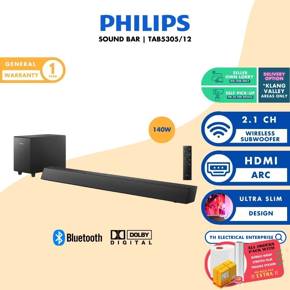 Philips TAB5305/12 Sound Bar 2.1 CH with Wireless Subwoofer Soundbar ...