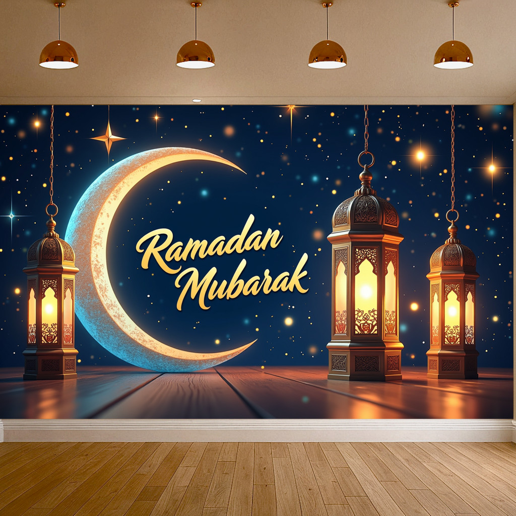 Ramadan Mubarak Crescent Moon Lanterns Stars Celebration Backdrop ...
