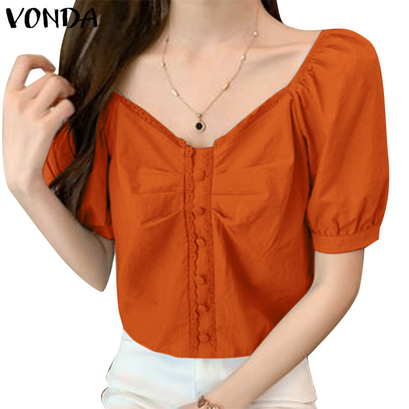 VONDA Women Korean Casual V Neck Patchwork Lantern Sleeves Blouses Shopee Malaysia