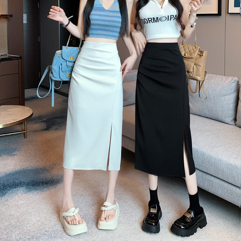 Midi Skirts Women Side Slit French Style Thin Summer Elegant Folds ...