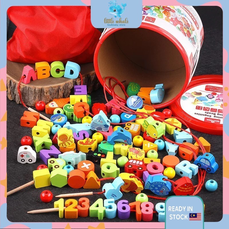 🐳READY STOCK 100pcs set String Wooden Lacing Threading Beads Kids ...
