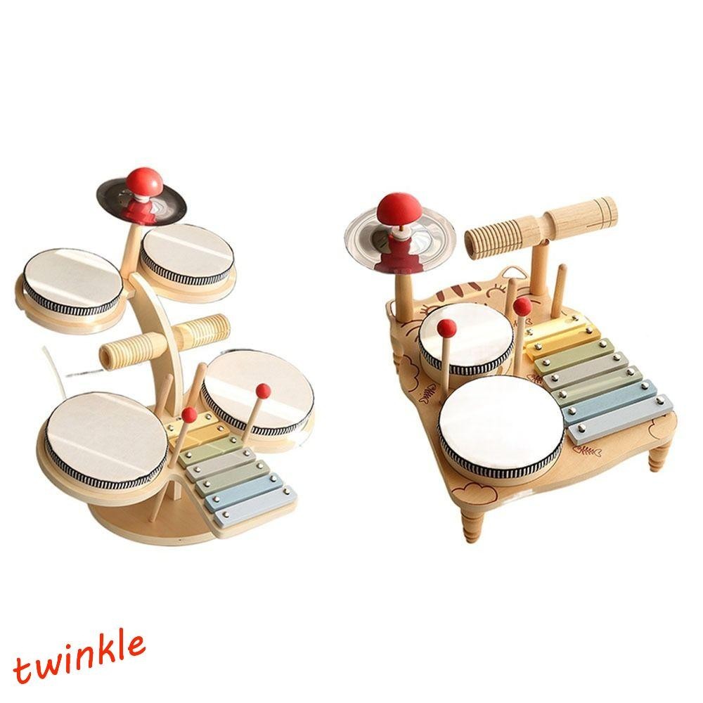 TWINKLE1 Preschool Drum Kit, Multifunctional Natural Wooden Kids Drum