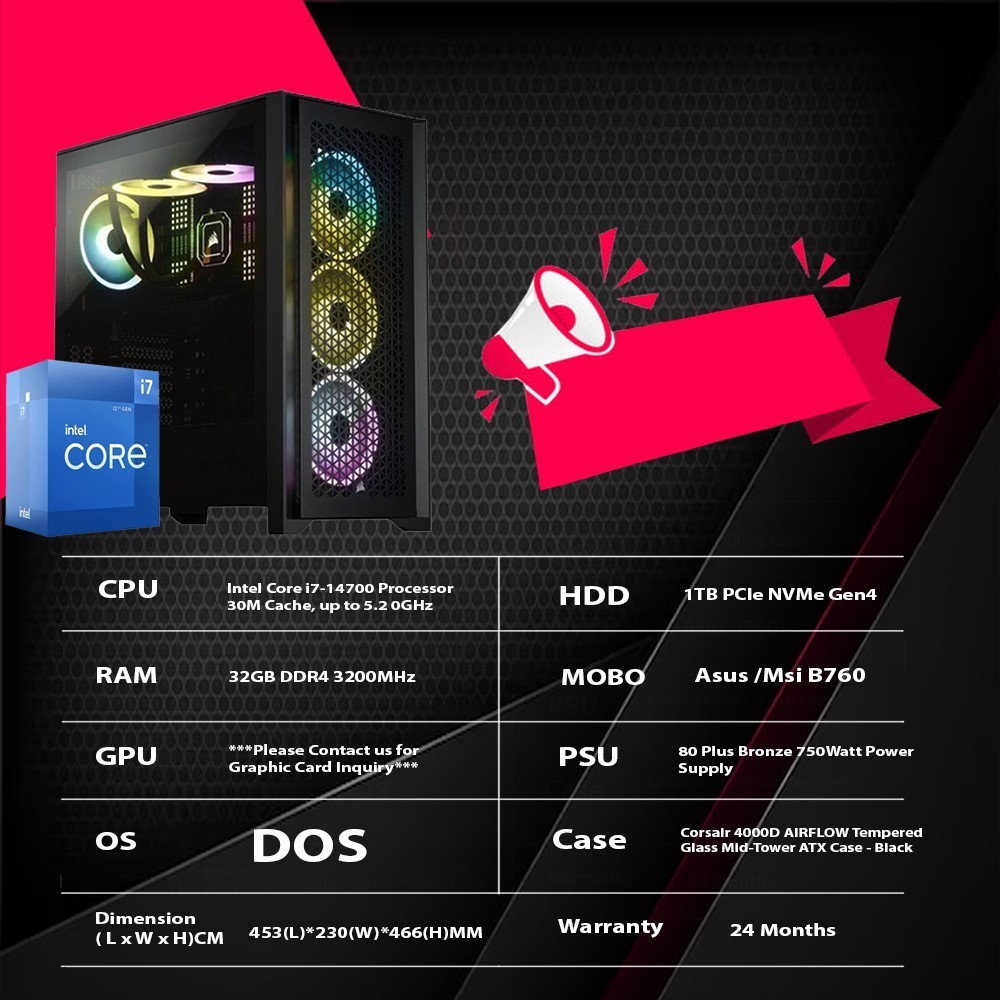 High Performance Gaming PC Intel Core i7-14700 Processor 30M Cache, up ...