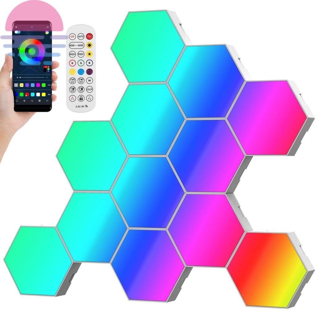 12 Pack Hexagon LED Lights Modular DIY LED Hexagon Wall Light Music ...