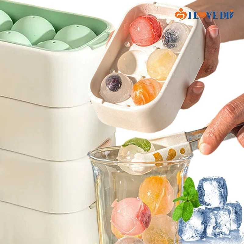 6 Grids Round Ice Cube Tray Reusable Mini Ice Ball Maker Mold with Lid