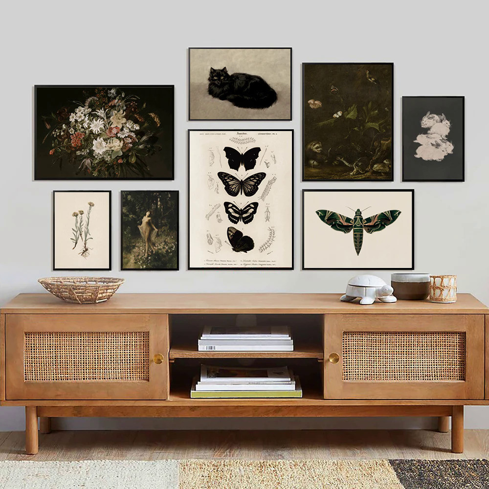 Vintage Black Cat Print Victorian Dark Academia Wall Decoration Canvas ...