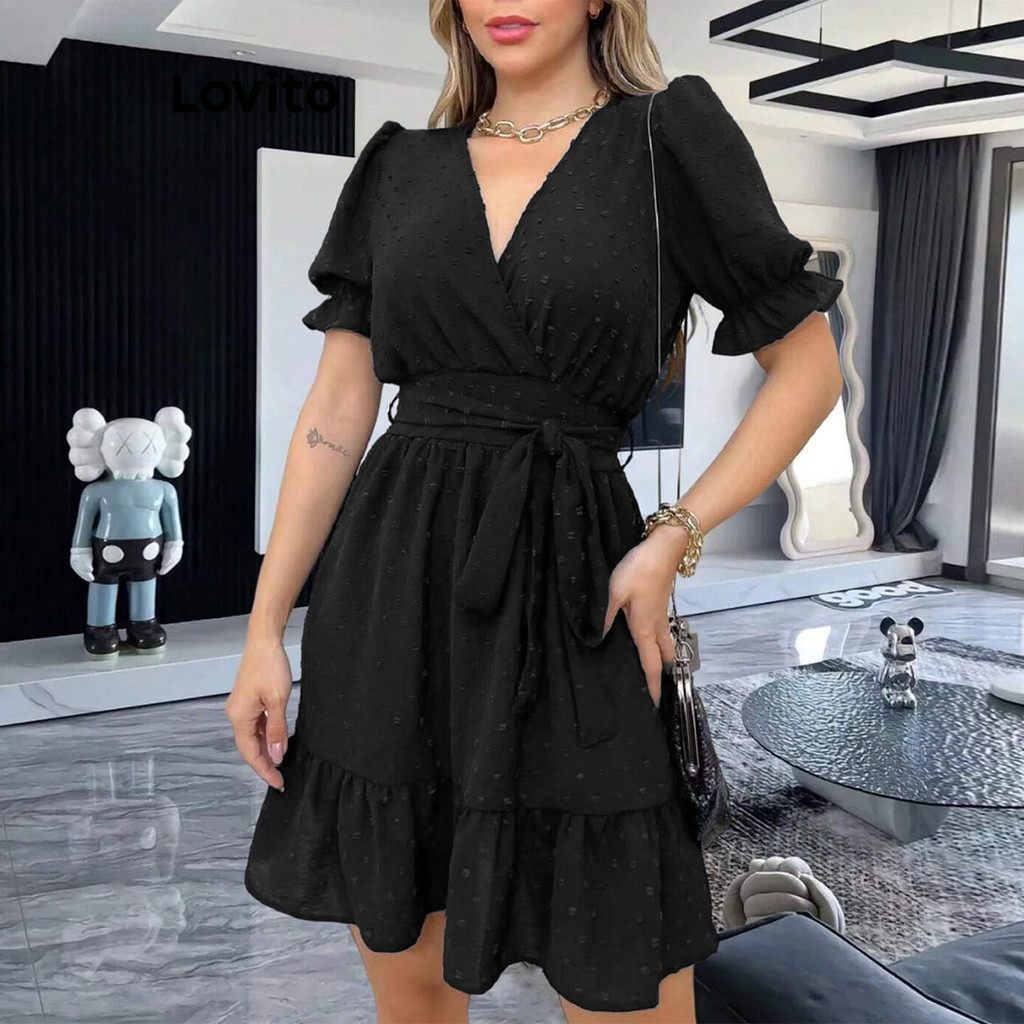 Lovito Elegant Plain Ruffle Jacquard Dress for Women LBL07204 Lovito ...