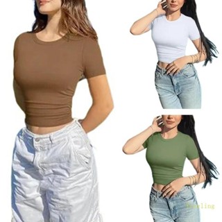 Womens Casual Crop Tops Summer Cute Basic Rounk Neck Trendy Solid