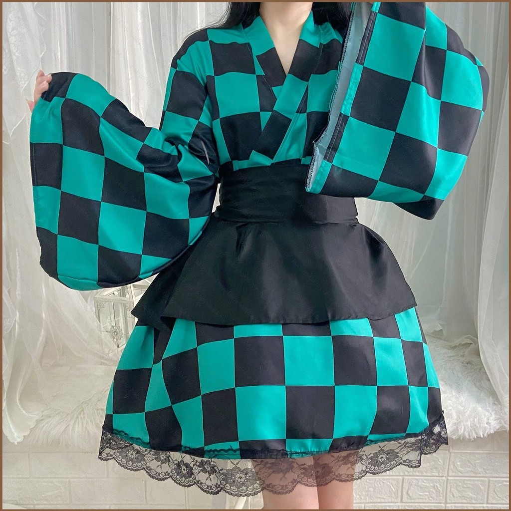 Anime Demon Slayer Cosplay Lattice Dress Kimono Set Halloween Party ...