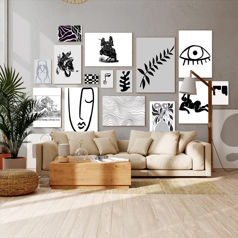 Portrait Art Line Wall Art Abstract Colour Block Leaf Poster Black and ...