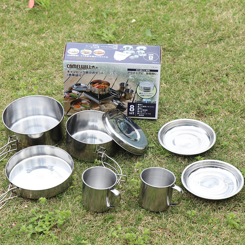 8pcs Outdoor Camping Hiking Cookware Backpacking Cooking Picnic Pot Pan ...