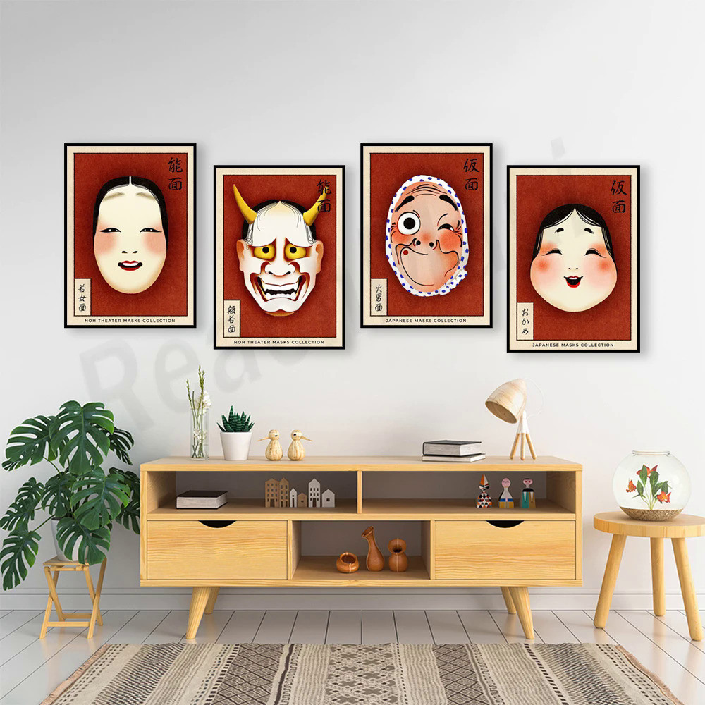 Wagashi Japanese Mask Canvas Painting, Oka Kame Poster, Aesthetic Wall