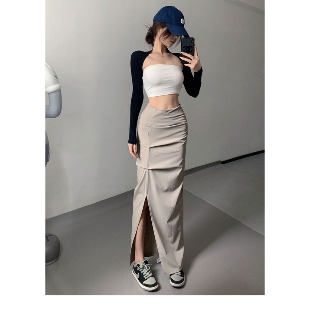 skirt women long skirt high waist slim skirt fashion korean style casual skirt maxi Shopee Malaysia