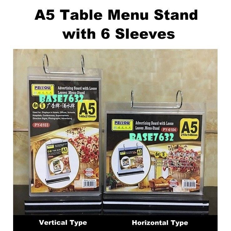 A5 Paper Table Menu Stand with 6 Sleeves Horizontal Vertical Type 2201. ...