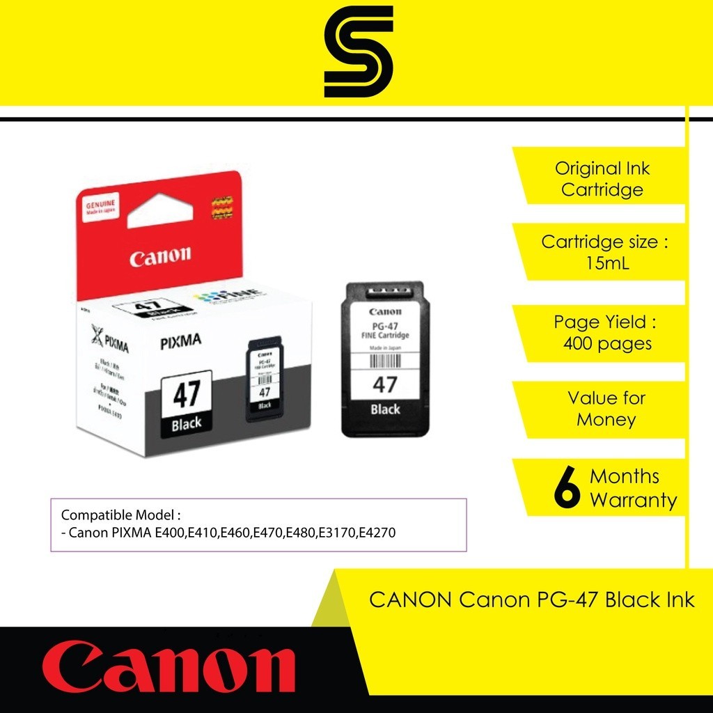 CANON PG-47 Black Ink 15ml - E400/E410/E460/E470/E480/E3170/E4270 (400 ...