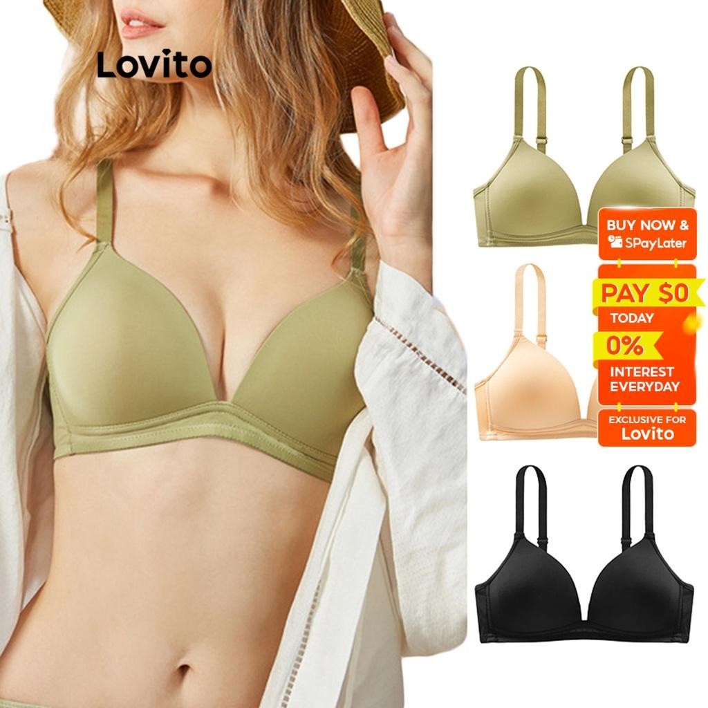 Lovito Casual Plain Full Cup Push Up Bras with Non Removable Pads Bralette  For Women L233L080 (Apricot/Black/Green)