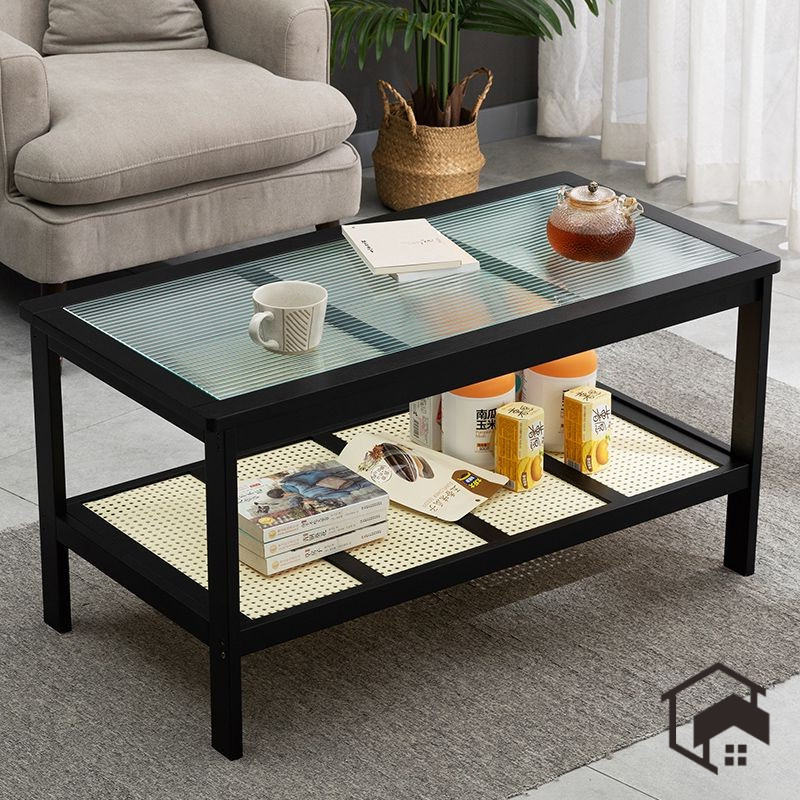 Glass Coffee Table Black/Wood Color Table Bamboo Tea Table Home Simple ...
