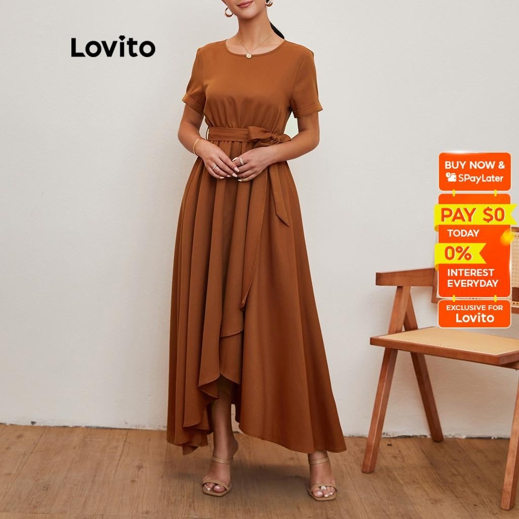 Lovito Elegant Plain Wrap Round Neck Roll Up Sleeve Ball Gown Dress L20D032 Brown Shopee Malaysia