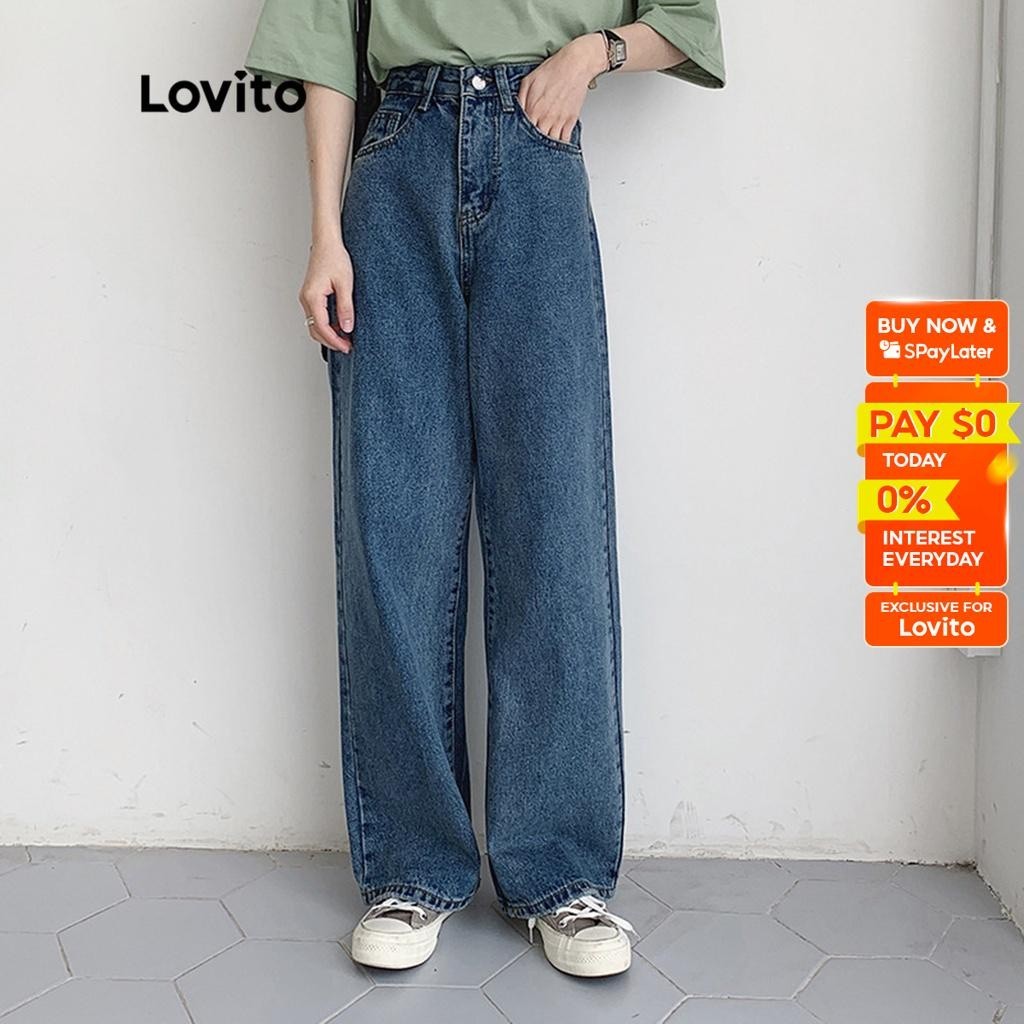 Lovito Casual Plain High Waist Straight Leg Jeans for Women LNA04124 (Dark  Blue) Lovito Celana Jeans Kaki Lurus Pinggang Tinggi Polos Kasual untuk  Wanita