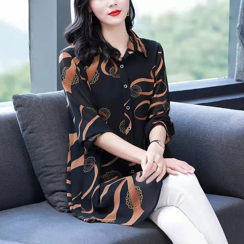 Plus Size Blouses Floral Print Chiffon Shirts Tops Women Ladies Female Long Sleeve Loose Casual Polo Collar Mid length Shirt Tops 2024 Baju Perempuan Shopee Malaysia