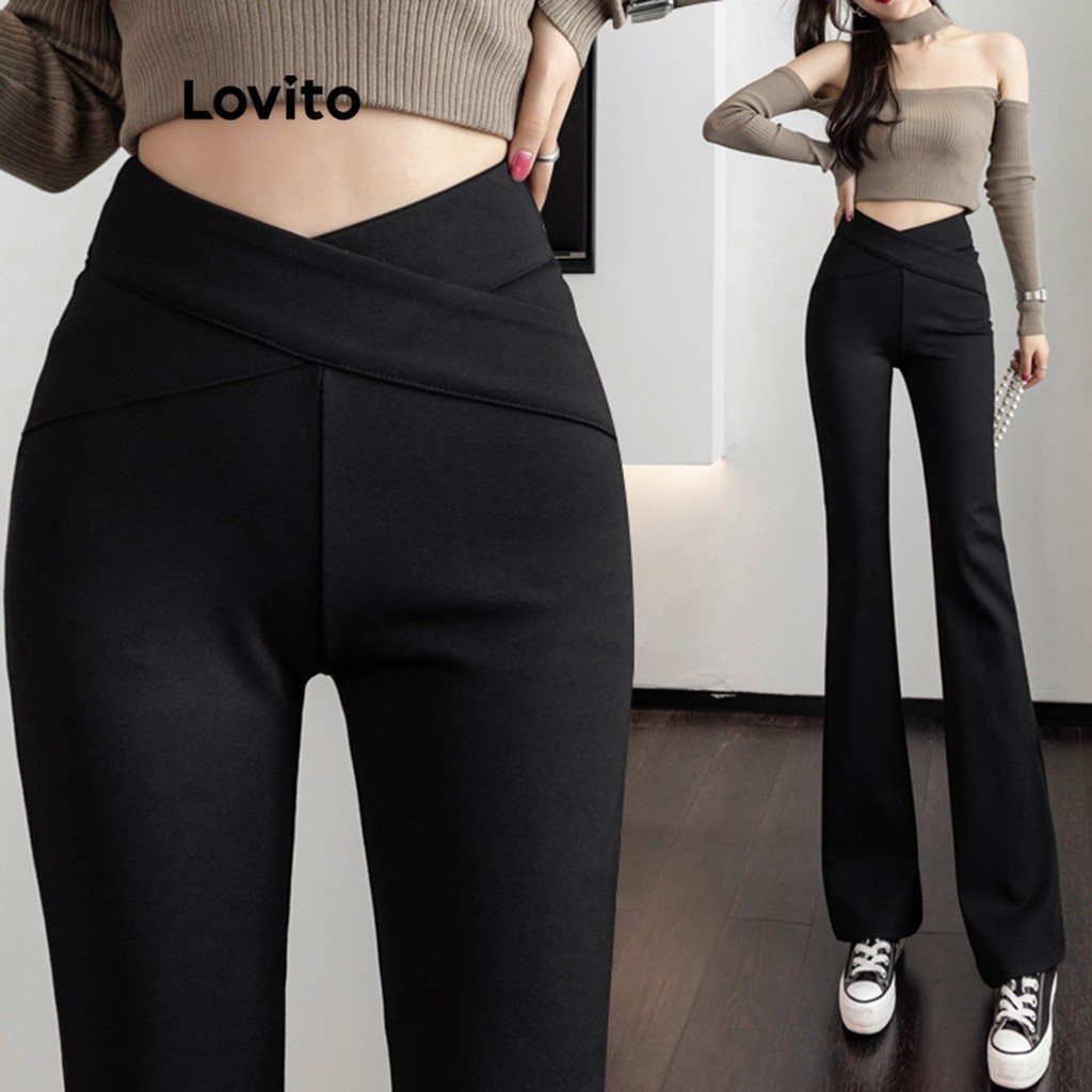 Lovito Casual Plain Basic Pants for Women LNE21067 (Black) Lovito ...