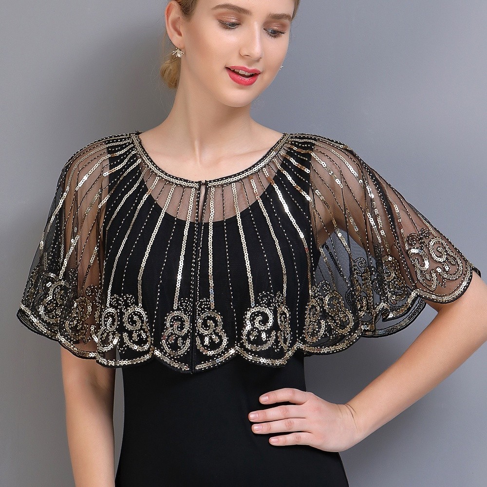 meermin V-hals zwart en goudenn Paillettes 1920s Gatsby Flapper formele feest jurk – NL