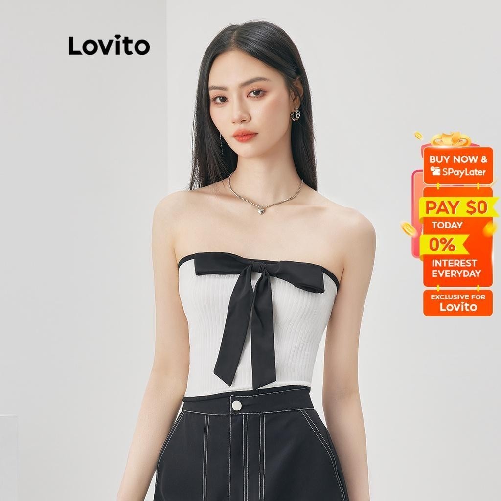 Lovito Casual Plain Contrast Binding Bow Front Rib Knit Tank Top for ...