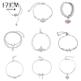 17KM Sweet Bow Heart Crystal Bracelet Pearl Butterfly Silver Chain Bracelets for Women Jewelry Accessories
