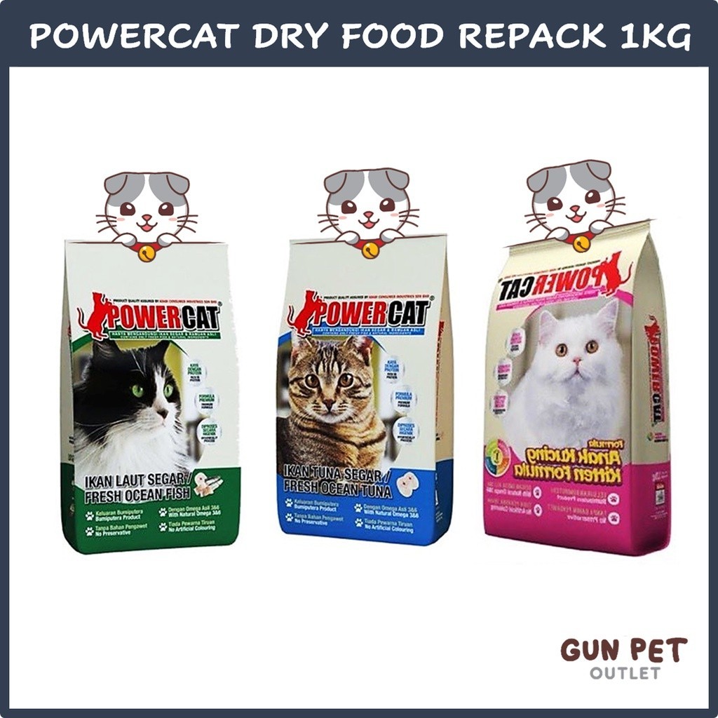 GUN PET PowerCat Dry Cat Food Repack 1kg Fish Tuna Kitten Chicken Power ...