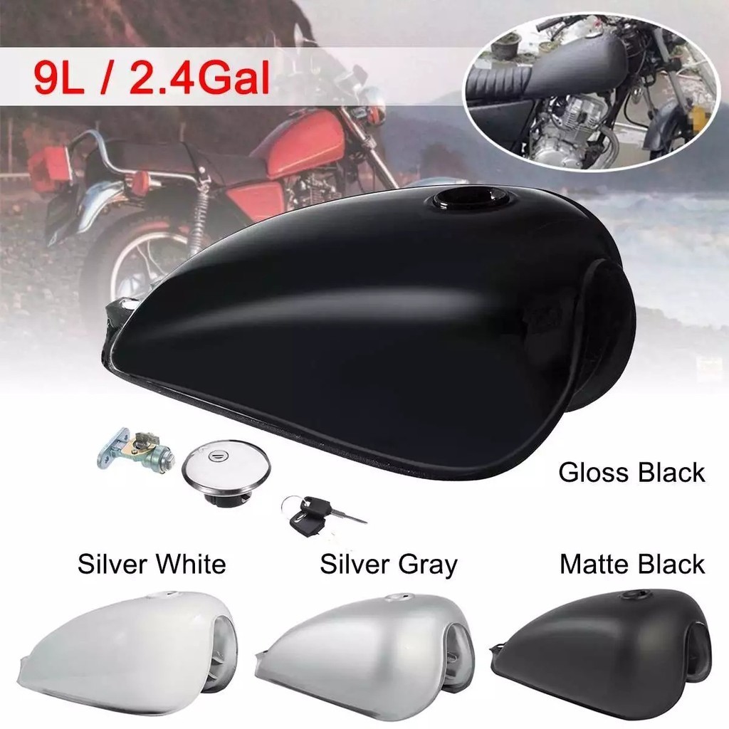 thumbnail image 2 of Universal Motorcycle Fuel Tank - Bright Black Retro 9L Gas Tank With Cap & Switch For CG125 2 of 14