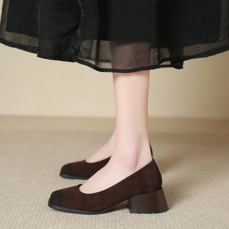 Distressed Square Heels Women Shoes Matte Suede Mid Heel Pumps Elegant ...