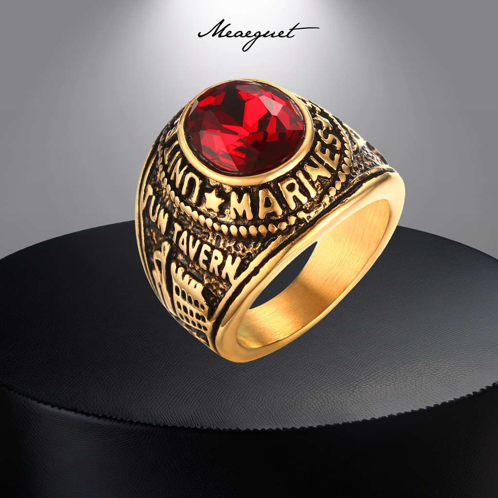 Black Stainless Steel Signet Ring With Red Crystal - Biker Style, Hypoallergenic, Men's Jewelry Gift