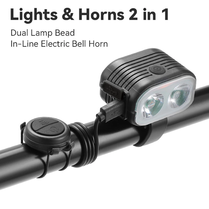 2-in-1 Dual Lamp Bead In-Line Electric Bell Horn mounted on a bicycle handlebar.