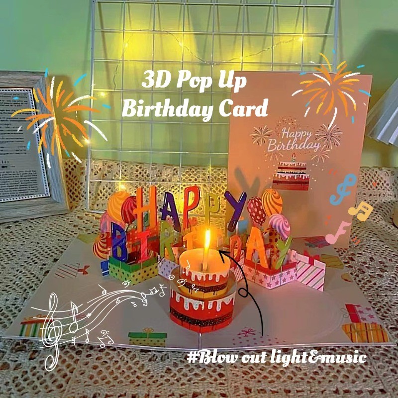 3D Popup Musical Birthday Card with Light and Blowable Candle Blessing ...
