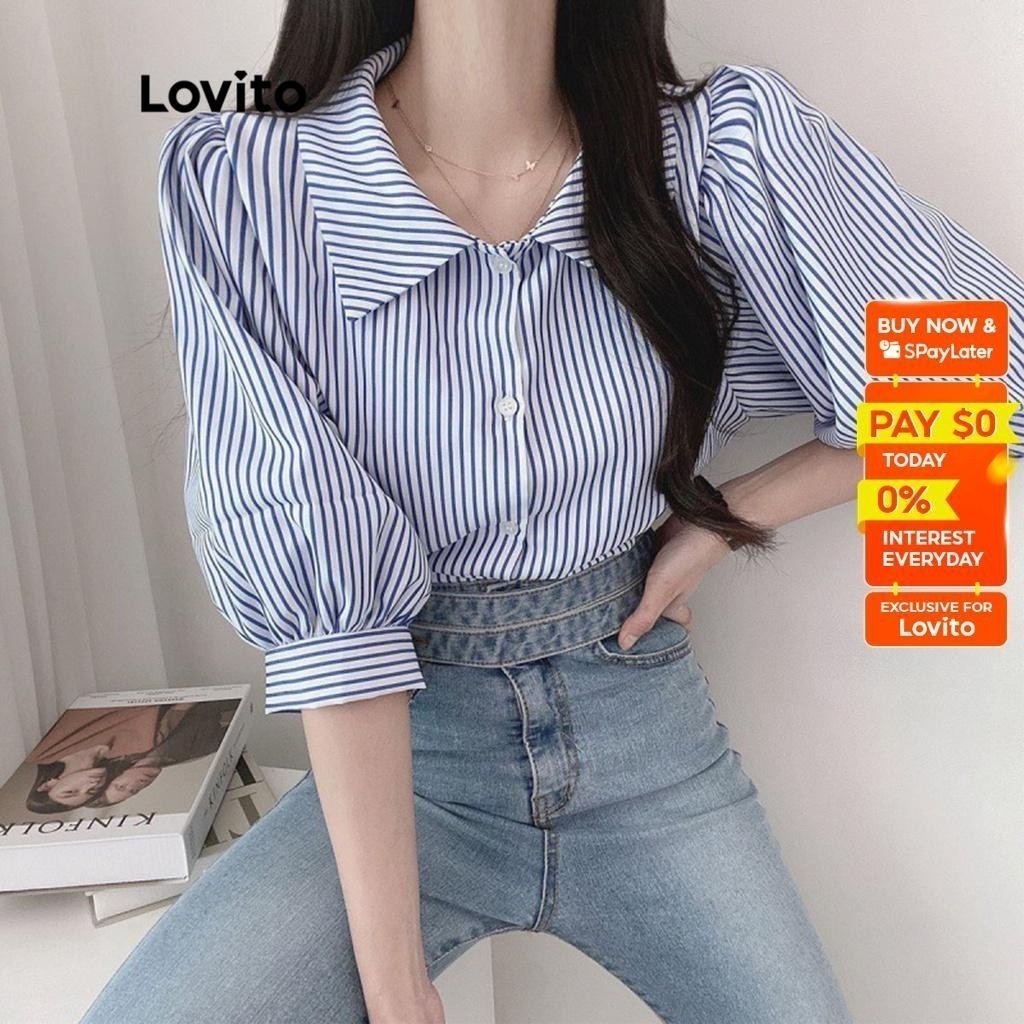 Lovito Elegant Striped Button Puff Sleeve Collar Short Sleeves Blouses ...