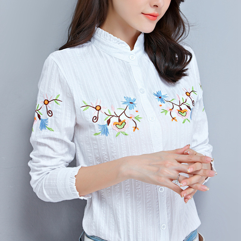 Women's pure cotton shirt long sleeved stand up collar embroidered slim ...