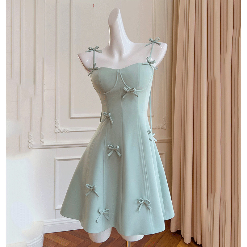 2024 Summer New Style Green Bow Sexy Sling Dress Slim-fit Slimmer Look ...