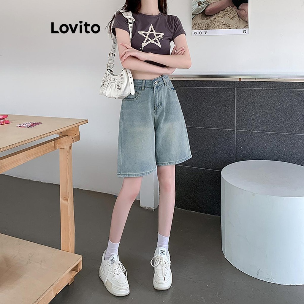 Lovito Casual Plain Button Denim Shorts for Women LNA52257 Lovito Celana Pendek Denim Kancing Polos Kasual untuk Wanita LNA52257 Shopee Malaysia