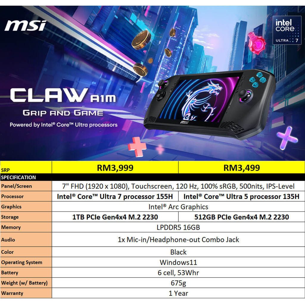 MSI Claw A1M044/045 7'' FHD Gaming Handhelds Black Shopee Malaysia