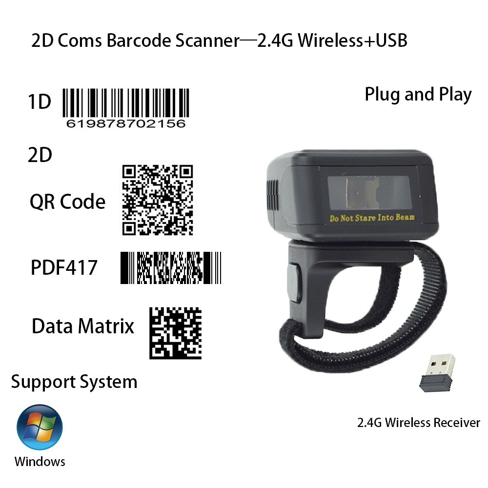 Finger Ring Wearable Barcode Scanner Mini 2D 2.4G Wireless Bluetooth ...