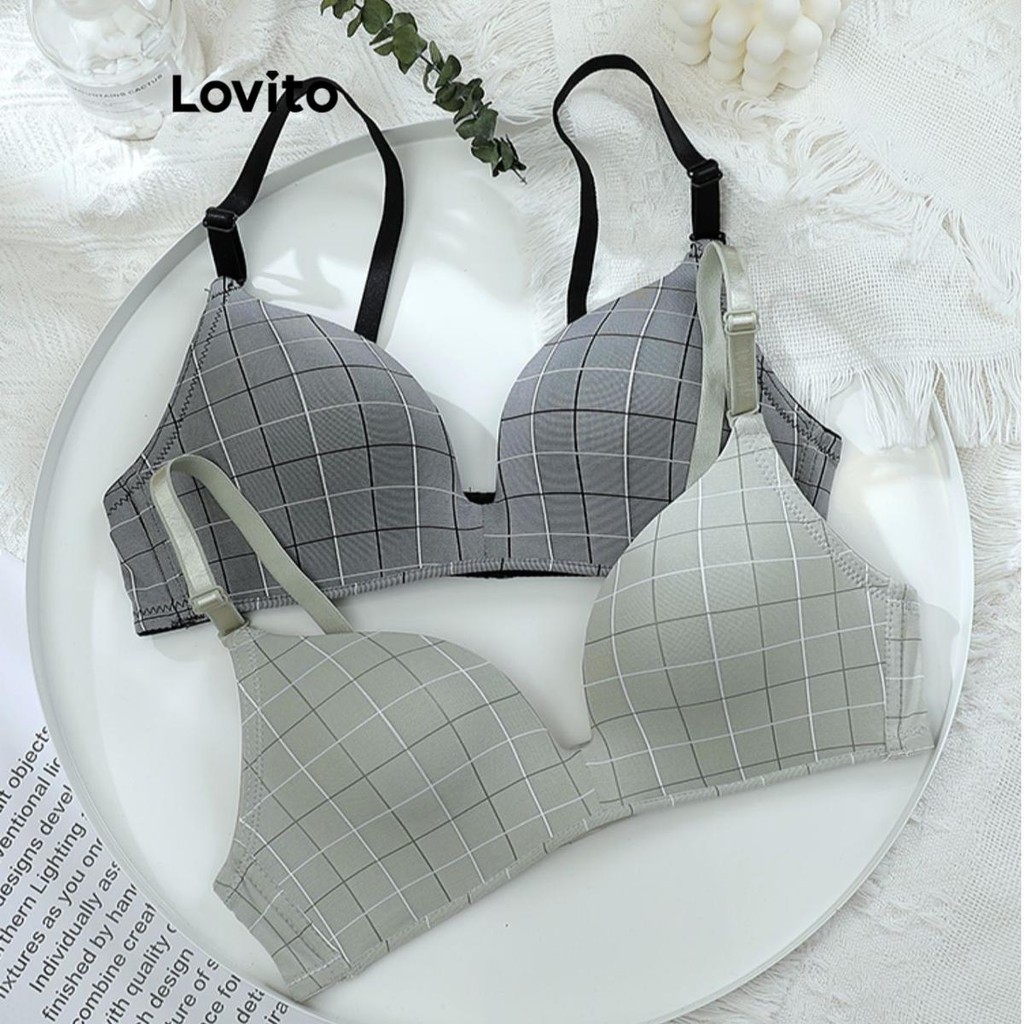 Lovito Preppy Plaid Pattern Fabric Stitching Bra for Women LNE49234 ...