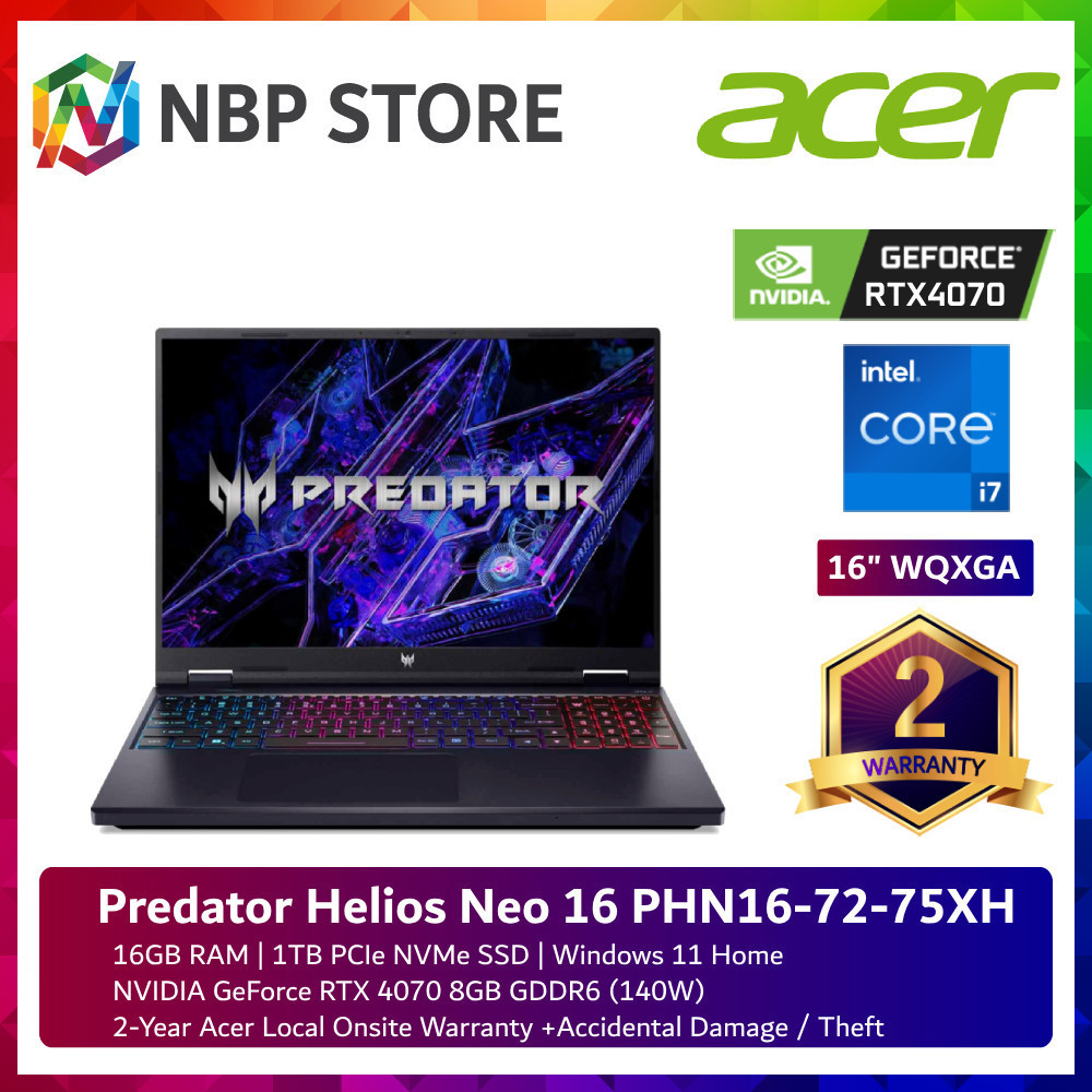 Acer Predator Helios Neo 16 PHN167275XH 16" WQXGA 240Hz Gaming Laptop ( I714700HX, 16GB, 1TB