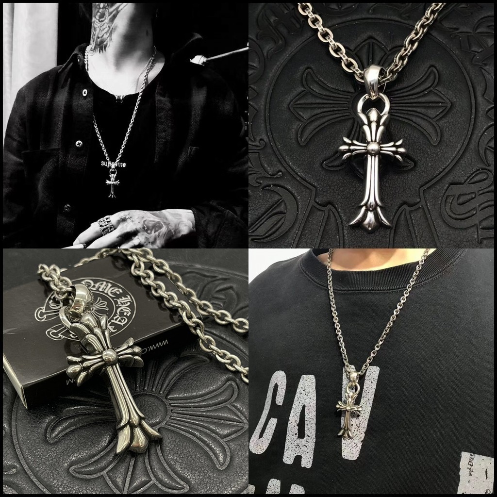 CHROME HEARTS Silver 925 Medium Double Ring Water Drop Cross Necklace ...