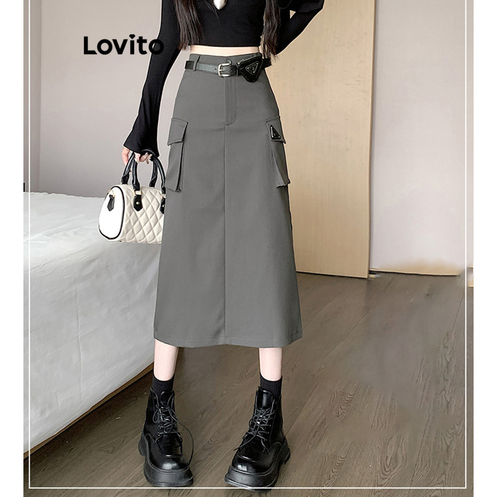 Lovito Casual Plain Pocket Skirts for Women LNE27226 (Dark Grey) Rok ...