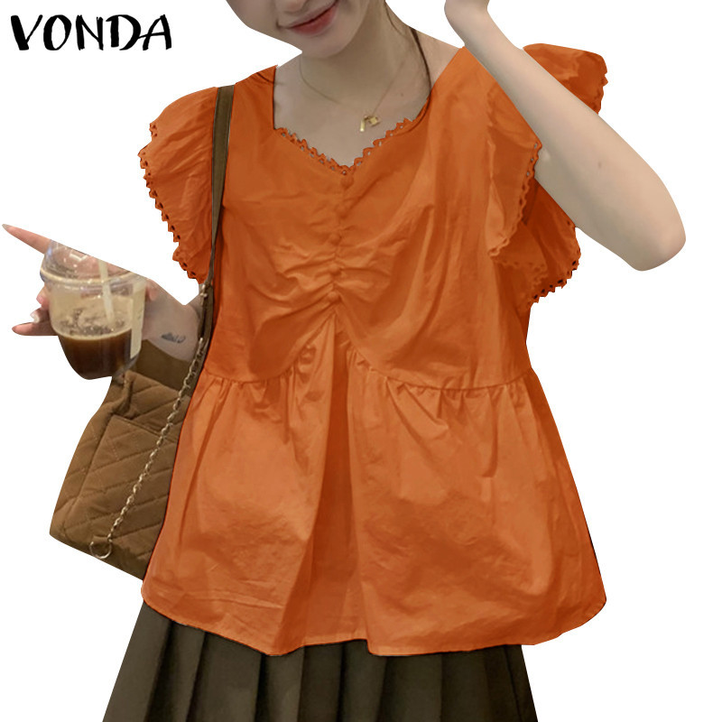 Vonda Women Korean Casual Solid Color V Neck Short Sleeve Fashion