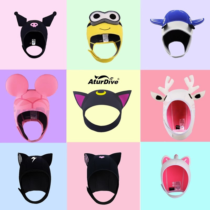 AturDive Cartoon Surf Diving Cap Warm Headgear Facekini Children Adult ...