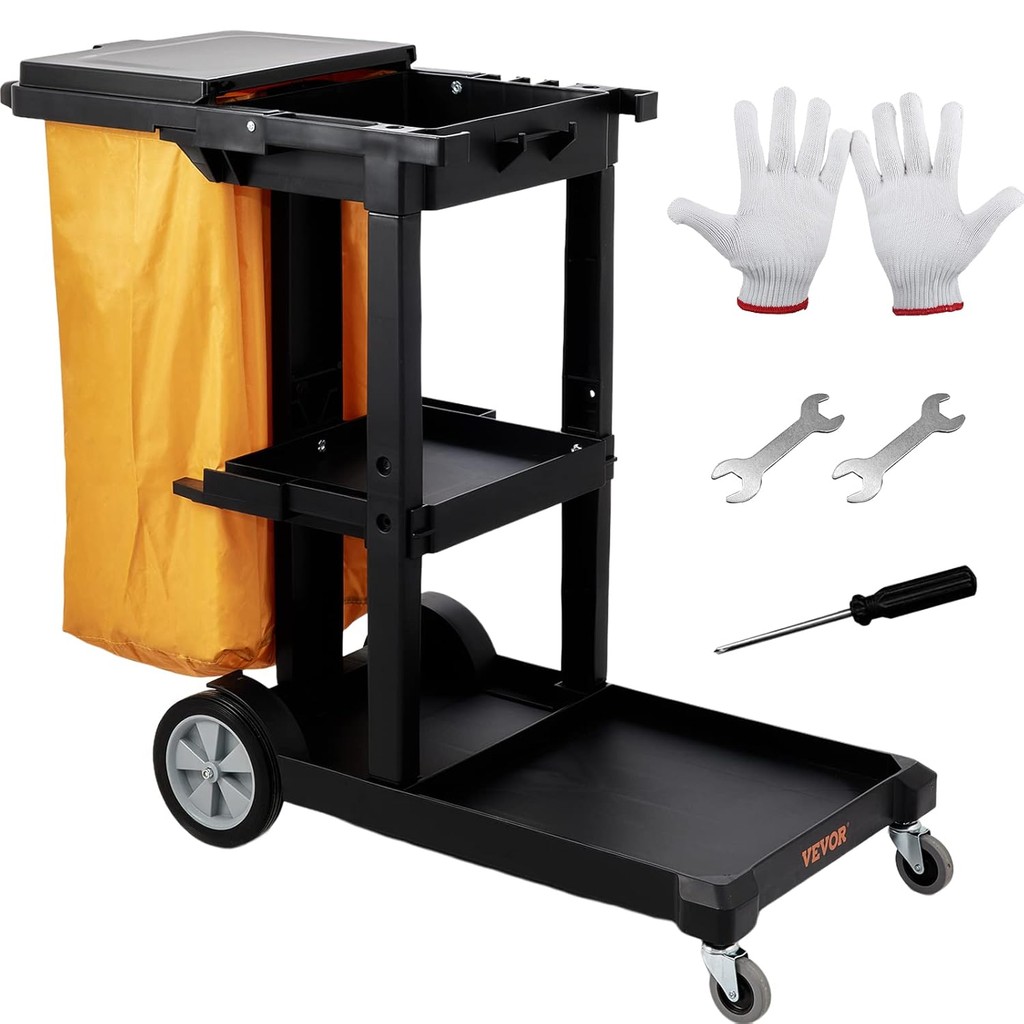VEVOR Cleaning Cart, 3-Shelf Commercial Janitorial Cart, 200 lbs ...