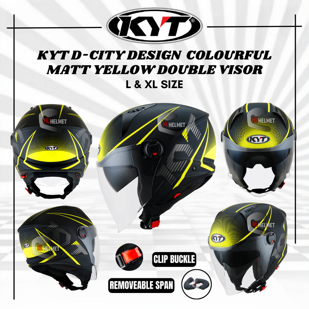 KYT DCITY COLOURFUL MATTE YELLOW HELMET OPEN FACE DOUBLE VISOR